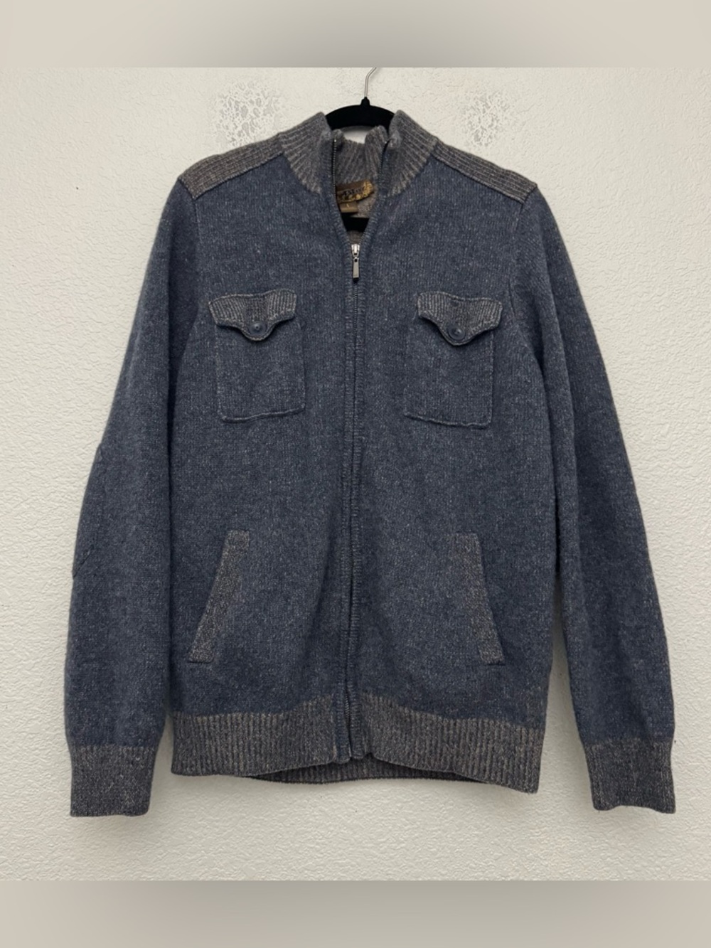 Pronto Uomo Blue Men's 100%‎ Wool Full Zip Cardigan Sweater Blue Size Large